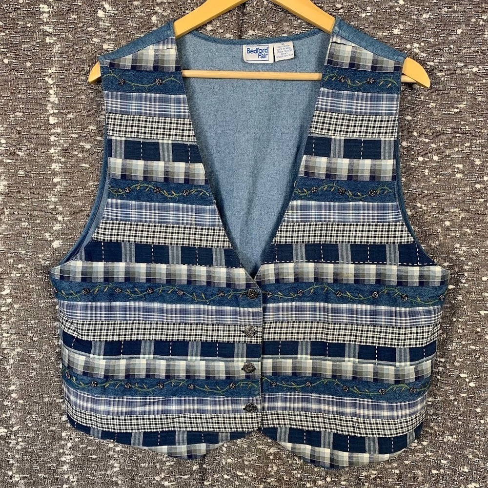 Vintage Bedford Fair Striped Patchwork Denim‎ Vest Cottagecore Women's XL